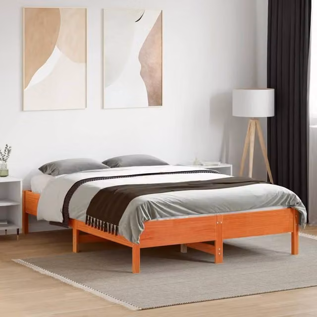 Berkfield Home Beautiful Solid Wood Pine Bed Frame in Waxed Brown, W/D/H: 140.5 x 140.5 x 36.5 cm – 1