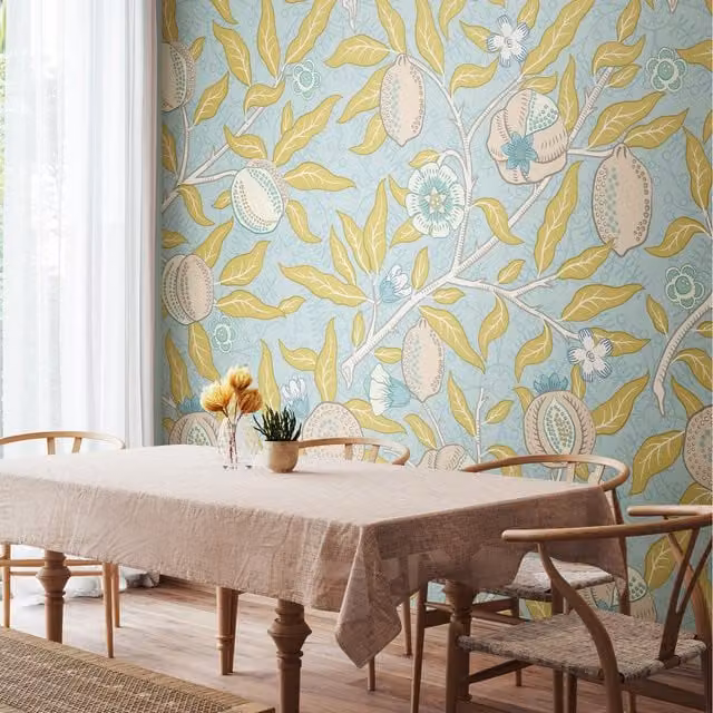 Origin Murals Fruit and Foliage Floral Wall Mural in Wedgewood Blue, 300 cm