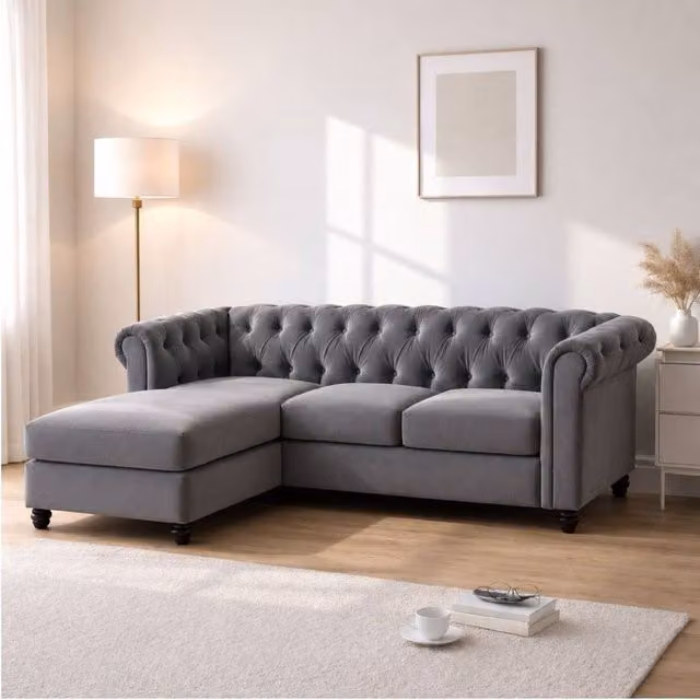 Sofaya Hampton 3 Seater L Shape Chesterfield Sofa in Grey Velvet with Left Hand Chaise