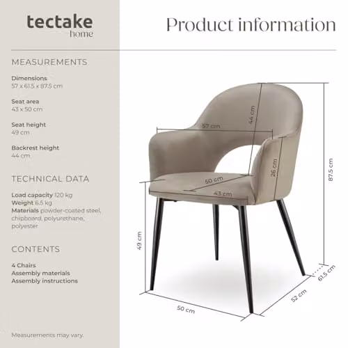 tectake Set of 4 Sasha Dining Chairs in Taupe Velvet Fabric with Metal Legs – 3