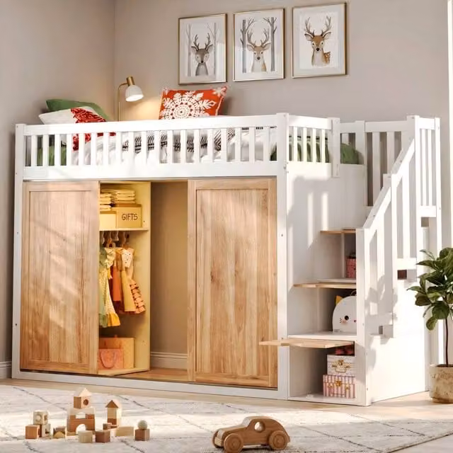Matteo Children's Single Loft Bed in White and Natural Pine with Stairs – 1