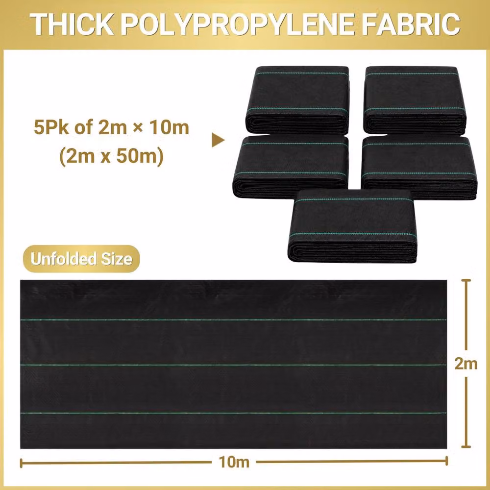 Shatchi 5-Pack Heavy Duty Woven Garden Weed Barrier Fabric Membrane, Black, W: 2 m, L: 50 m per roll – 3