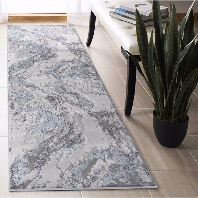 Desire Rugs Emperor Picasso Modern Waterflow Abstract Runner Rug, Silver, W: 60 cm, L: 220 cm