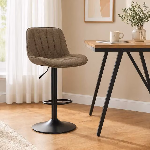 STILVORA Set of 2 Adjustable Height Swivel Bar Stools in Brown Linen Fabric with Metal Base