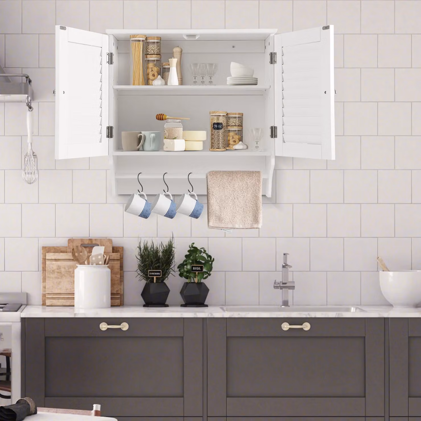 Gymax White Wall Mounted Bathroom Medicine Cabinet with Double Louvered Hinged Doors and Internal Shelves – 2