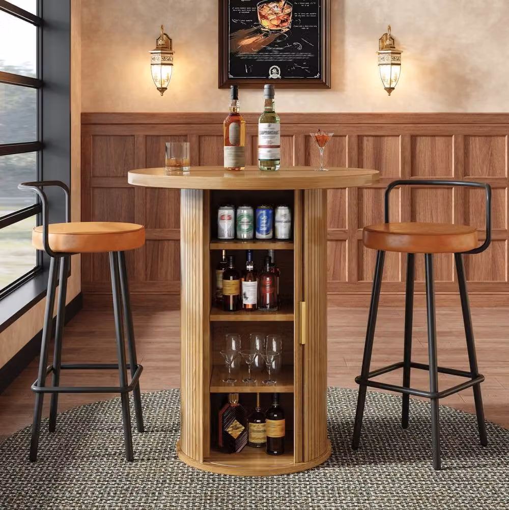 STILVORA Round Bar Table with Storage and Sliding Door in Sand and Brown – 2