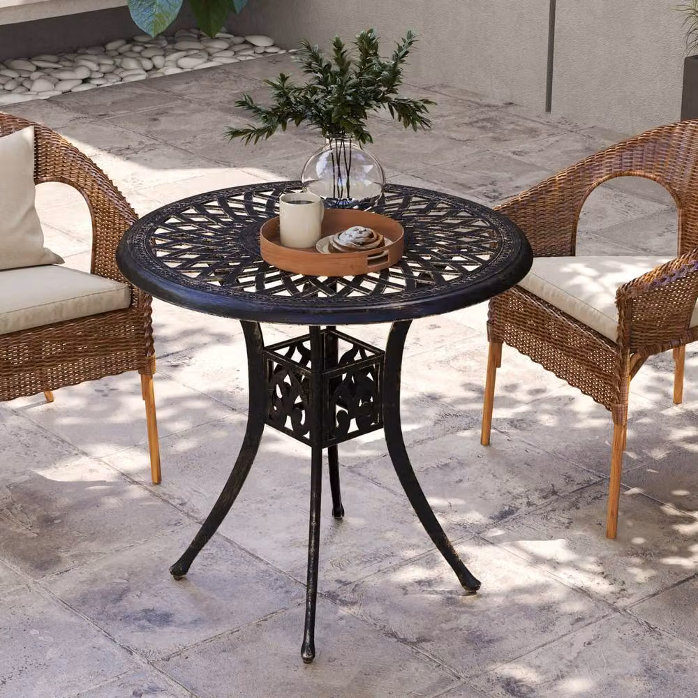 Wyld Haus Kenofa Round Cast Aluminium Garden Dining Table with Parasol Hole in Antique Bronze – 6