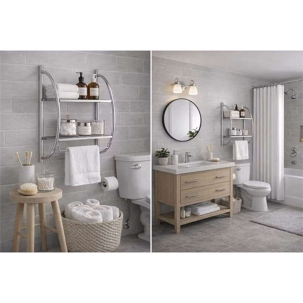 Nordara 2-Tier Chrome Bathroom Shelf and Towel Rail in Silver, W: 50 cm, H: 80 cm – 2