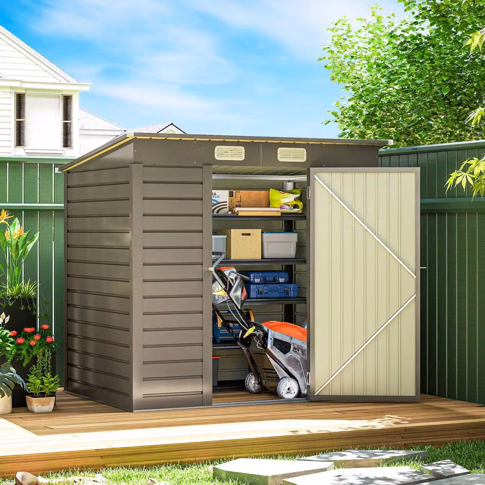 Rolipo Galvanised Metal Pent Garden Shed with Lockable Double Doors, Light Grey, W/D/H: 122 x 183 x 188 cm – 3
