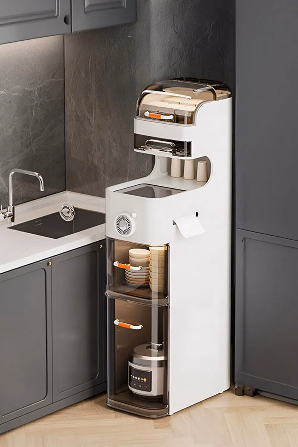 H&O Direct 6-Tier Narrow Plastic Storage Organiser with Wheels in White and Transparent – 2