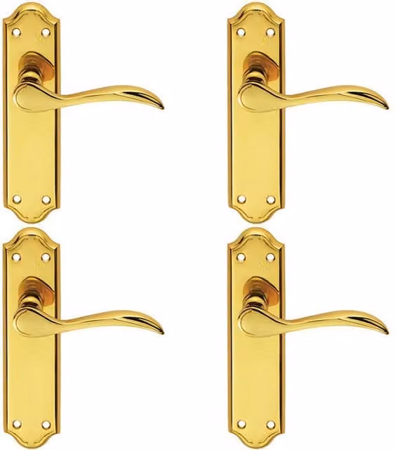 Loops 4 Pairs of Curved Door Handle Levers on Latch Backplate, Polished Brass, W: 180 mm, H: 45 mm