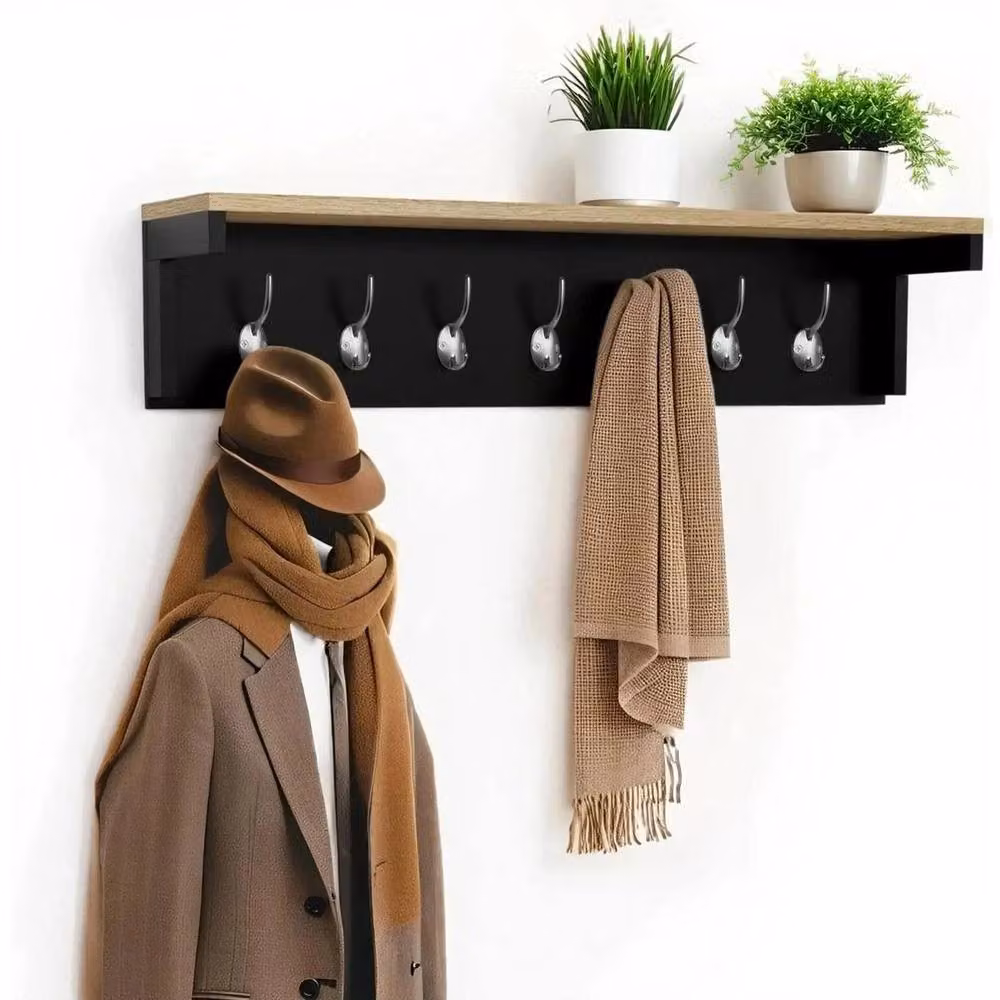 NESTLUNE Wall Mounted Coat Rack Shelf with 7 Double Hooks, Black, Width: 80 cm – 5