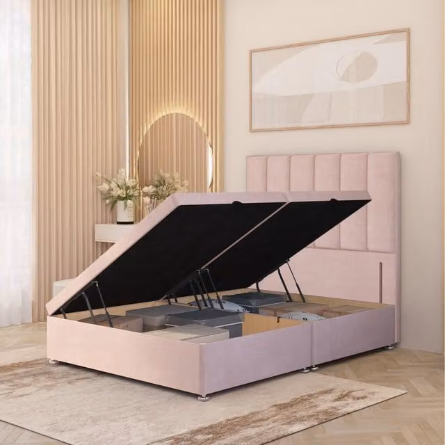 Somnior Beds Ltd Austin Plush Velvet King Size Ottoman Bed with Side Opening and Floor Standing Headboard in Pink
