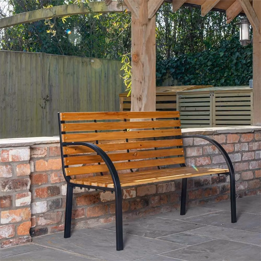 SPETLEK 2 Person Outdoor Garden Bench in Brown Wood and Metal – 3