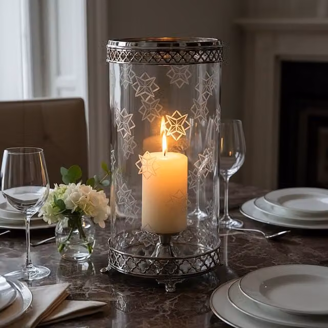 Orsina Fizzah Hurricane Candle Holder in Silver with Transparent Glass and Nickel Finish
