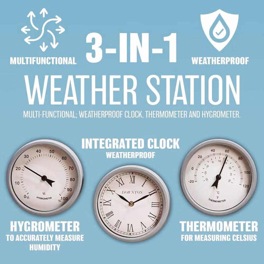 BARGAINS-GALORE Grey Retro Metal Garden Wall Clock and 3-in-1 Weather Station with Thermometer and Hygrometer, Diameter: 67 cm – 3