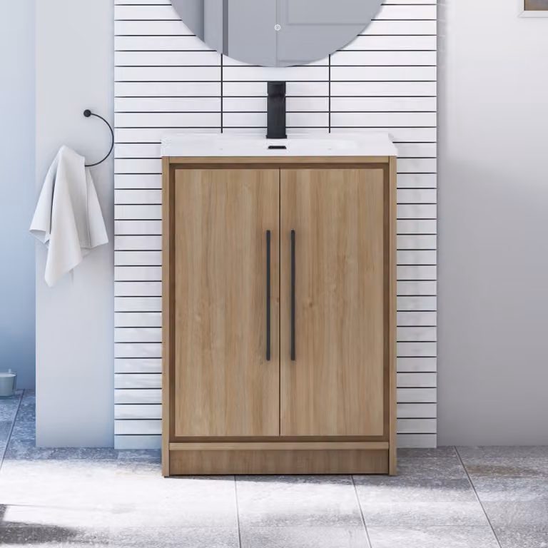Livora Natural Oak Floor Standing 2 Door Bathroom Vanity Unit with Ceramic Basin and Matt Black Handles