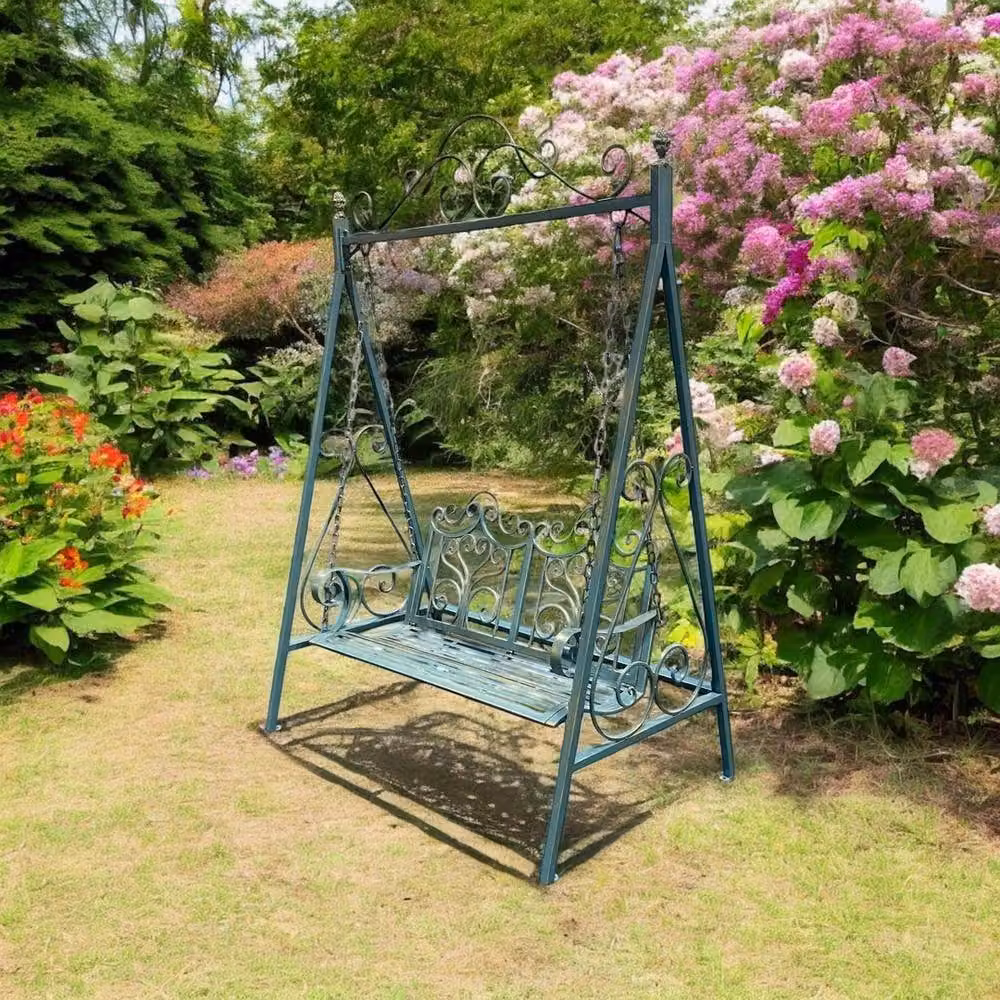 Minster Garden Swing Bench in Blue and Gold with Sun Canopy, Powder Coated Steel, W: 90 cm, D: 147 cm, H: 215 cm – 3