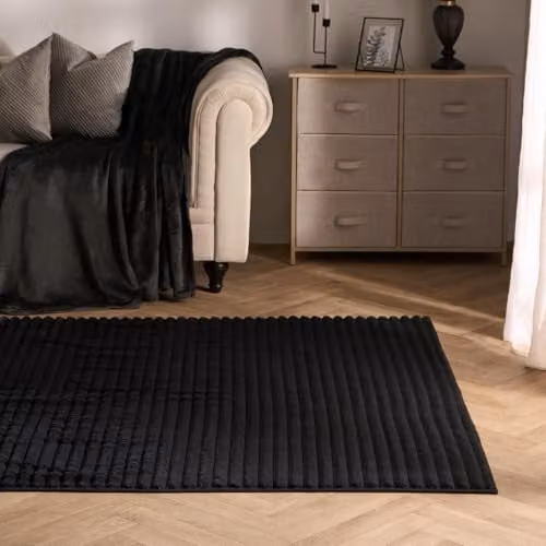 OHS Black Faux Fur Ribbed Area Rug, W/D: 120 x 170 cm