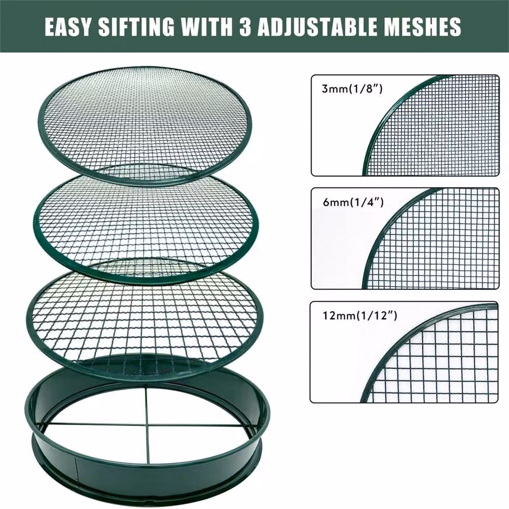 Nordara Garden Metal Soil Sieve Riddle with 3/6/12mm Wire Mesh for Compost and Stone Sifting, Green, 1kg – 3