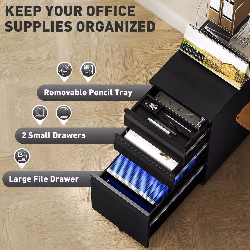 VOGREX Black Lockable Mobile Steel Office File Cabinet with Castors, H 60.0 cm x W 43.5 cm x D 30.0 cm – 5