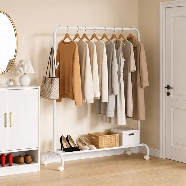 SONGMICS Heavy-Duty Metal Clothes Rail with Wheels and Dual Hook Matrix in White