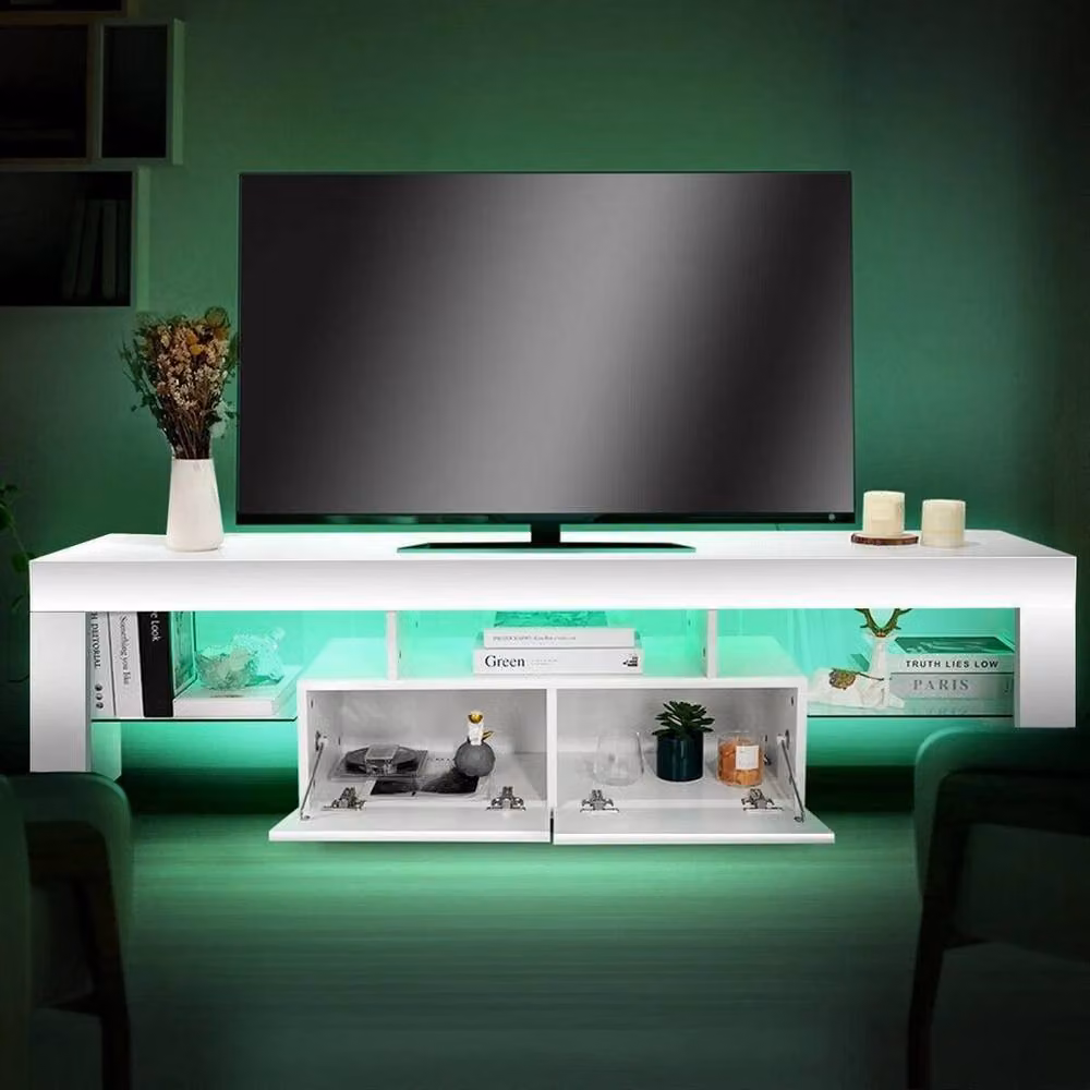 FLAVORA Modern White High Gloss TV Unit Cabinet with 2 Drawers and Integrated Lighting – 2