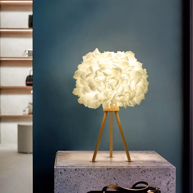 Komore White Fabric Petal Table Lamp with Wooden Base