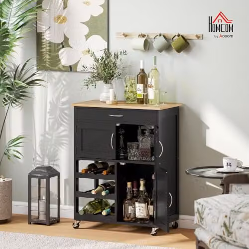 HOMCOM Modern Kitchen Trolley Rolling Island Storage Cart with Drawer, Black, W/D/H: 67.0 x 37.0 x 87.0 cm – 2
