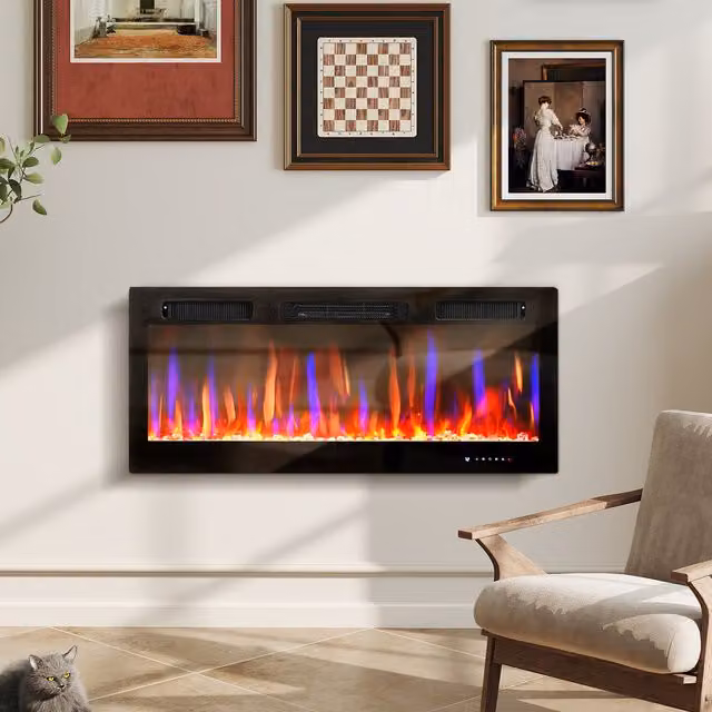 HOMCOM 42 inch Ultra-Slim Electric Fire in Black with Glass Finish, Wall or Recessed Mount