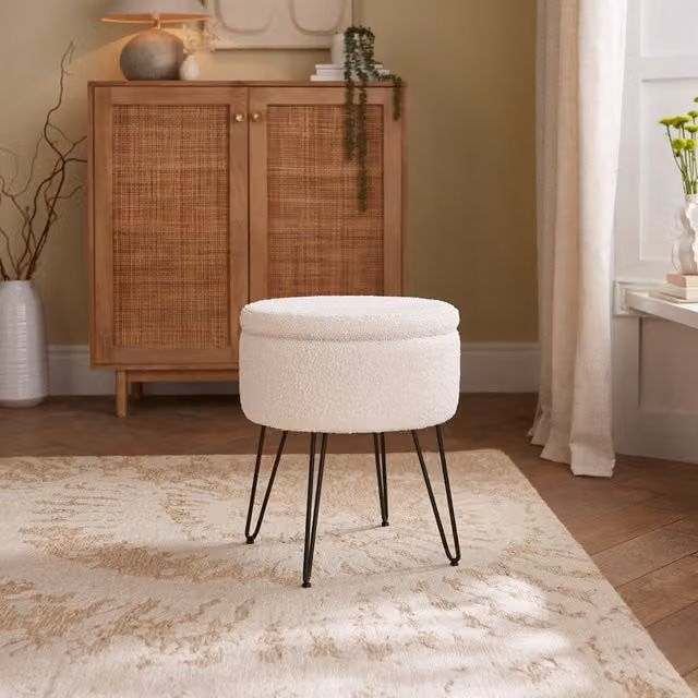 GFW Avery Teddy Storage Stool in Beige Bouclé with Wood Frame