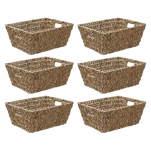 JVL Set of 6 Large Hand Woven Seagrass Rectangular Storage Baskets with Handles, Beige and Brown, H: 16 cm x W: 38 cm x D: 29 cm – 6