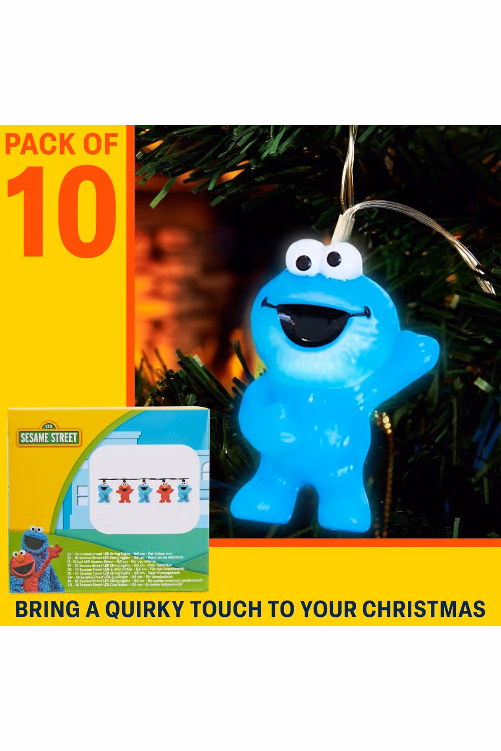 Get Trend Sesame Street 3D LED String Lights with Cookie Monster and Elmo, Battery-Operated Warm White Fairy Lights, Length: 165 cm – 10