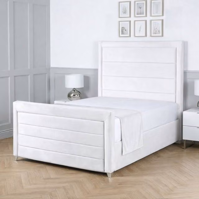 Living Comfort Bedz Selena Super King Upholstered Plush Velvet Bed with Slatted Base and 48 Inch Headboard in White, W/D/H: 200 x 200 cm