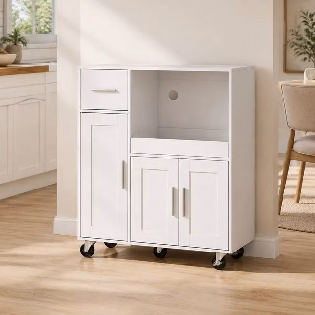 STILVORA Modern White Kitchen Trolley with Sliding Tray and MDF Cupboards – 1