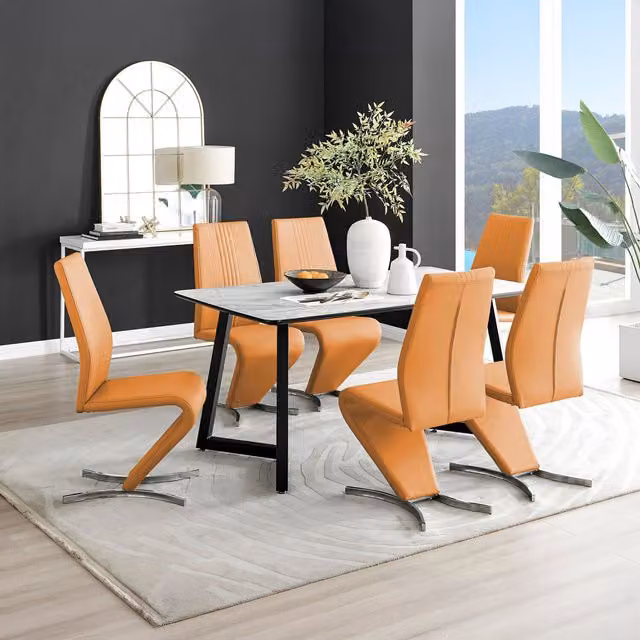 FurnitureboxUK Carson White Marble Effect Dining Table and 6 Willow Chairs in Mustard – 1