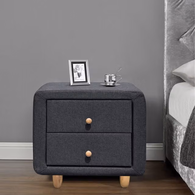 Comfy Living Grey Linen Fabric 2 Drawer Bedside Table with Oak Feet
