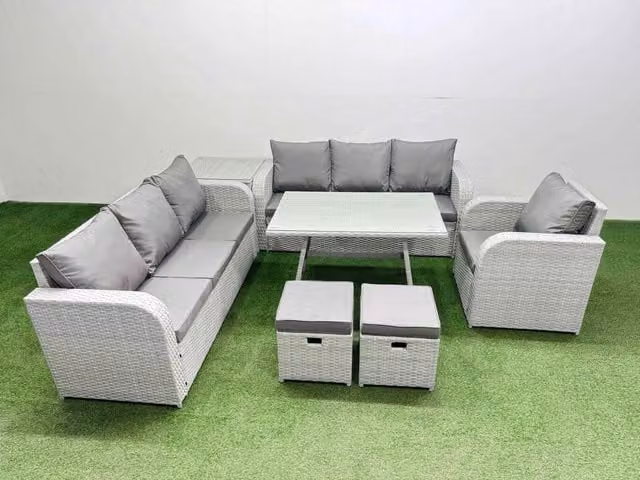 Fimous 7 Piece Outdoor Rattan Garden Furniture Set in Light Grey with Upholstered Cushions, Coffee Table and Ottoman