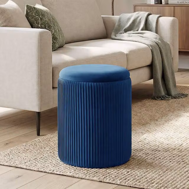 HOMCOM Round Storage Ottoman with Removable Cover in Blue – 1
