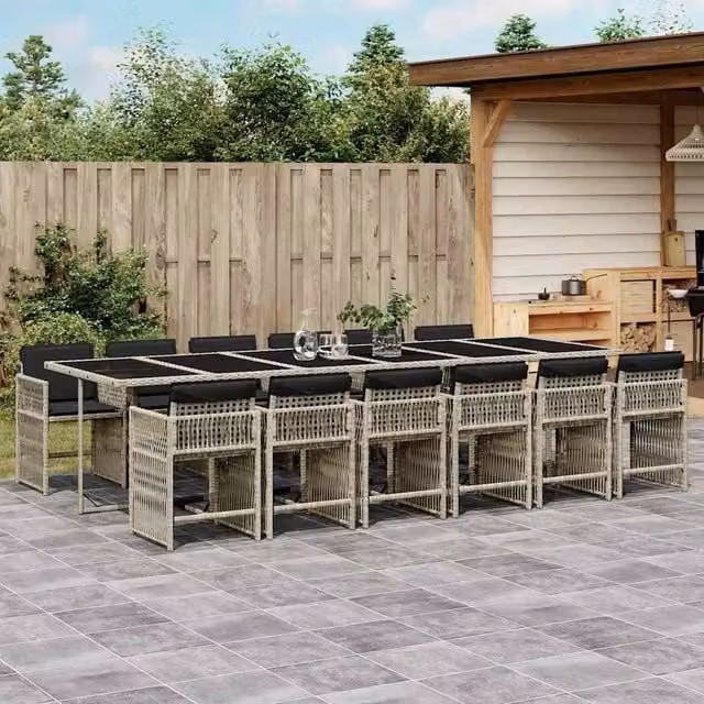 Berkfield Home 13 Piece Light Grey Poly Rattan Garden Dining Set with Cushions and Glass Tabletop