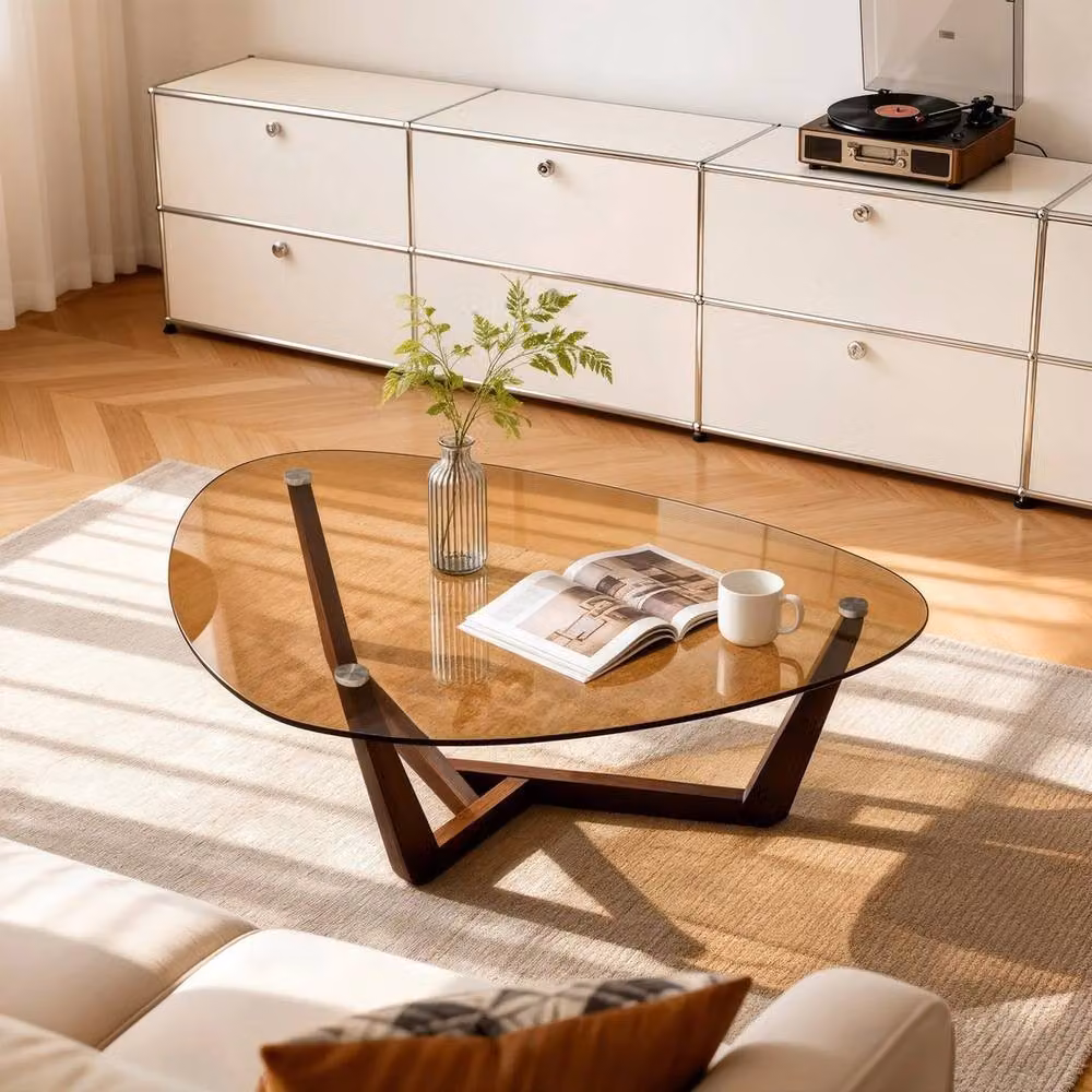 FORGEVIO Modern Oval Glass Coffee Table with Rubberwood Legs in Amber and Brown – 3