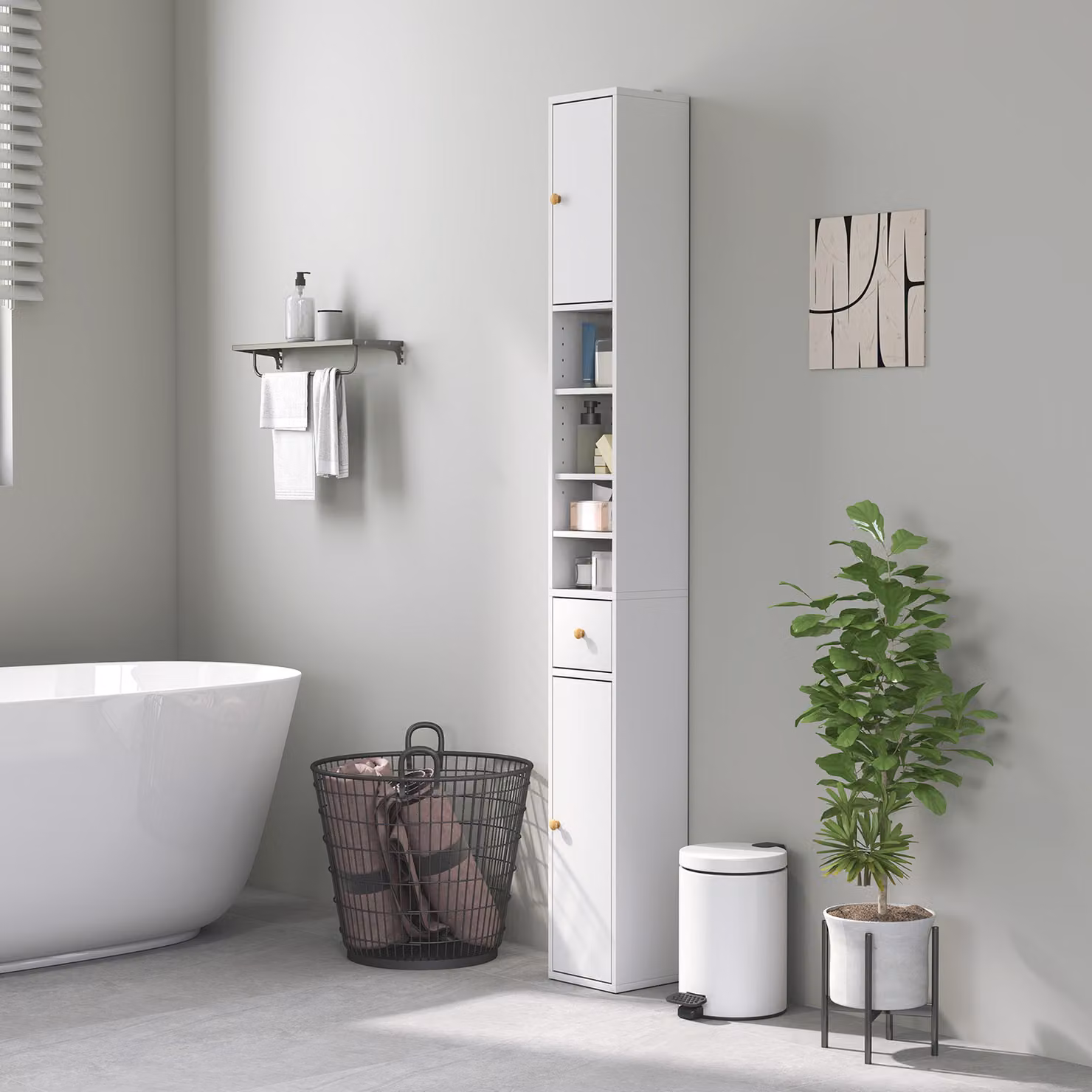 HOMCOM White Narrow Tall Bathroom Cabinet with Hinged Doors and Internal Shelves, Height: 178 cm – 2