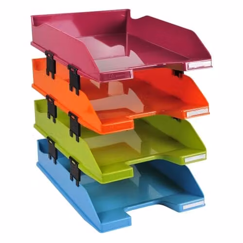 Exacompta Combo Midi Set of 4 A4 Plastic Letter Trays in Assorted Multicolour, W: 34.7 cm, D: 25.5 cm, H: 1.26 cm