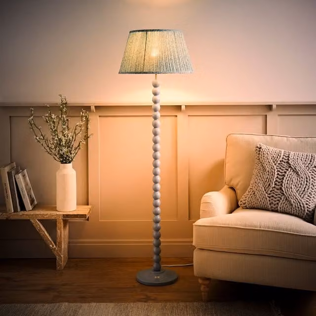 ValueLights Bobbin Bobbles Floor Lamp with Leaf Pleated Taper Shade and Bulb in Blue and Green – 1