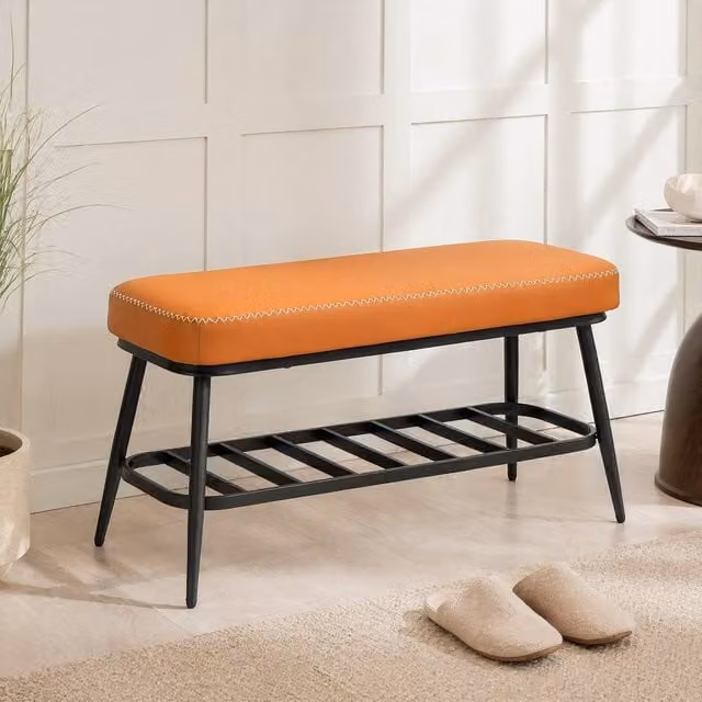 STILVORA Shoe Storage Bench with Shelf in Brown PU Leather – 1