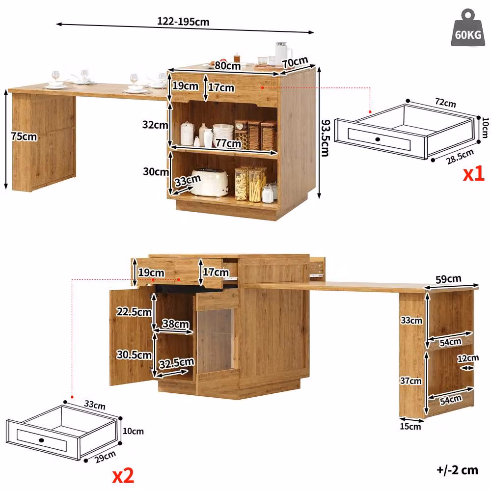 Matteo Extendable Kitchen Island in Brown Oak Effect with LED Lighting and Glass Doors – 2