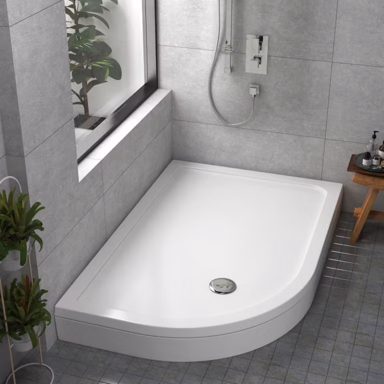 Apex Left Handed Offset Quadrant Stone Shower Tray with Riser Kit, White, W: 120 cm, D: 90 cm, H: 3 cm