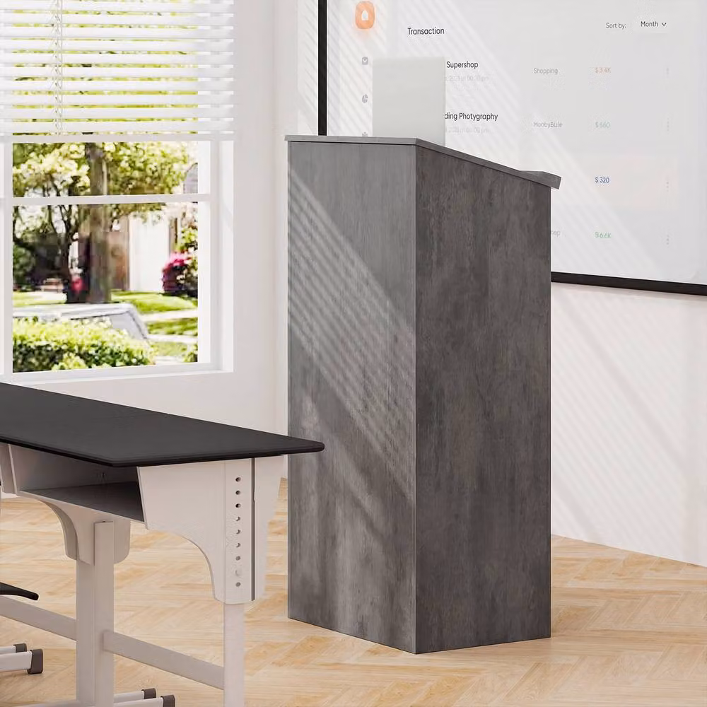 Gymax Grey Hostess Stand Podium Lectern Desk with Shelf and Tilting Top, Height: 117 cm – 6