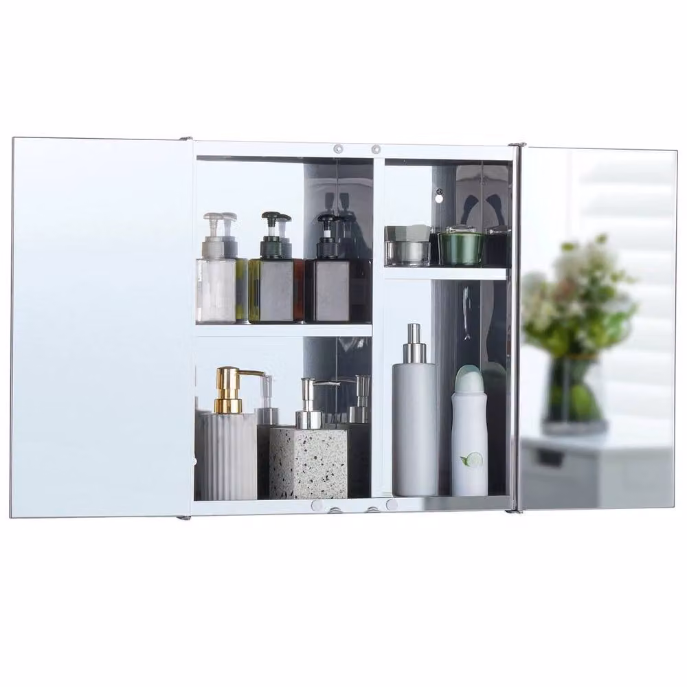 FORGEVIO Modern Silver Stainless Steel Mirrored Bathroom Cupboard with Hinged Glass Doors and Internal Shelves – 2