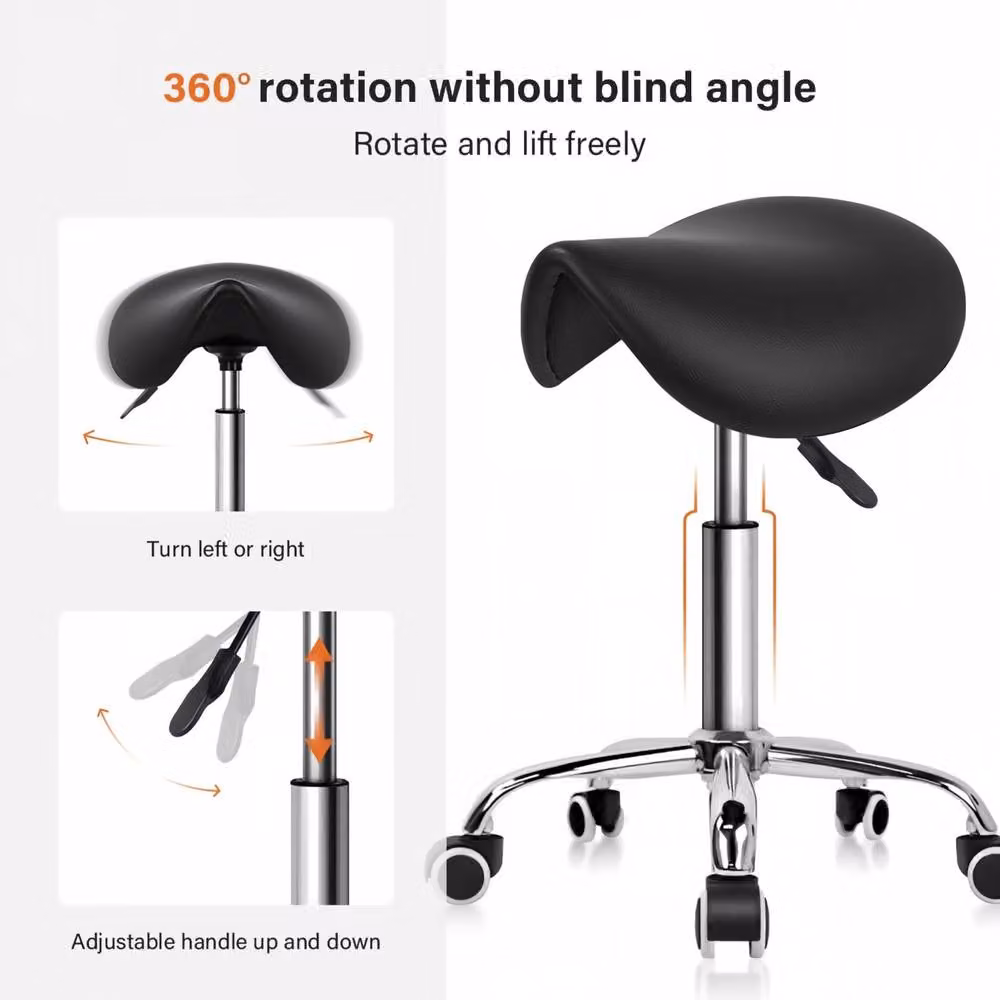 KKTONER Adjustable Rolling Saddle Stool with Castors in Black PU Leather – 4